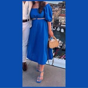 Farm Rio blue knot cutout midi dress off the shoulder